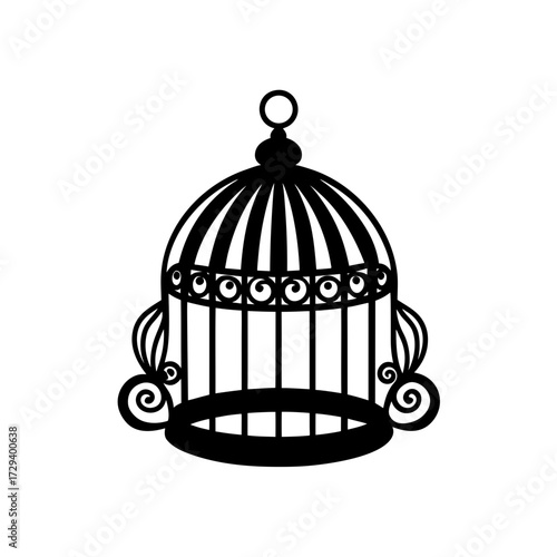 Ornate silhouette of birdcage on transparent background
