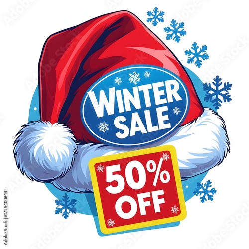 Santa Hat Winter Sale Sticker with 50% Off Label