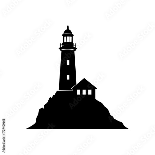 Lighthouse silhouette on cliff on transparent background
