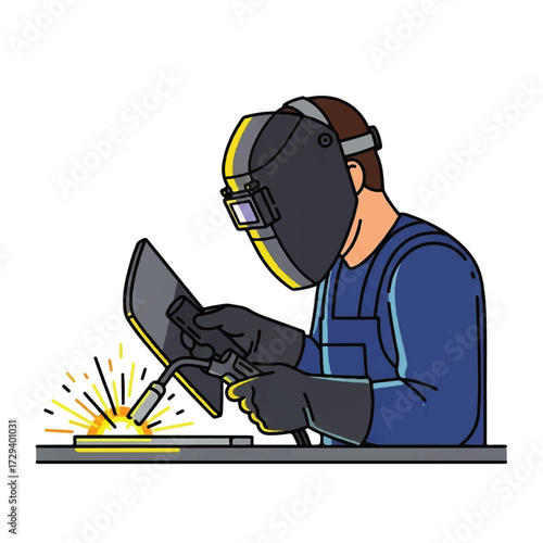 An illustration of a welder in protective gear performing welding on a metal surface, emitting bright sparks and light