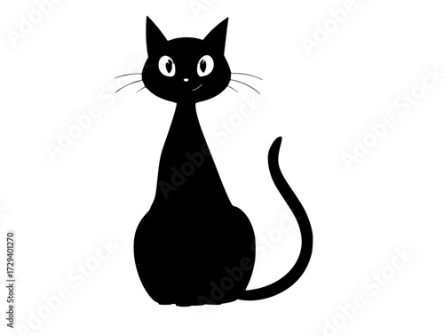 a black cat with green eyes sitting on a plain transparent backgroundblack, cat, eye, green, illustration, sit, stare 