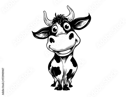 a cartoon cow with a cheerful expressionanimal, black, bull, cow, head, illustration, stand, trumpet, white 