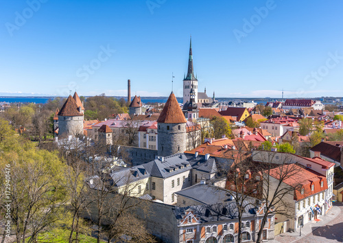 Beautiful aerial view of Tallinn old town. Medieval city in Northen Europe. The capital of Estonia. Beautiful Tallinn on a summer day