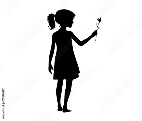 a silhouette of a girl holding a flowerblack, bouquet, catch, daisy, dandelion, dress, flower, girl, give, hand, profile, smell 