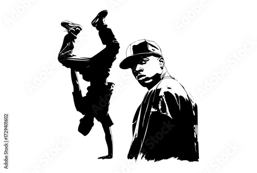 a black and white silhouette of a man and a child doing a handstand, both wearing capsbaseball hat, black, illustration, man, martial, profile, rapper, skateboarder, throw, trick 