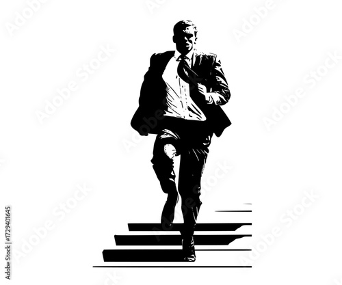 a silhouette of a man walking up stairs, dressed in a suit and carrying a bagbriefcase, business suit, businessman, man, stair, suit, tie, walk 
