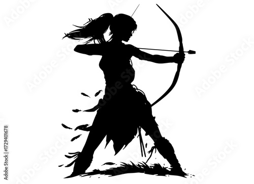 a silhouette of a female archer aiming with a bow and arrowarchery, arrow, black, bow, girl, hair, illustration, ponytail, profile, shoot, warrior, woman 