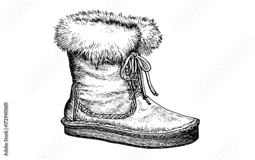 a detailed drawing of a pair of winter boots with furboot, draw, drawing, fur, illustration, shoe, sketch 