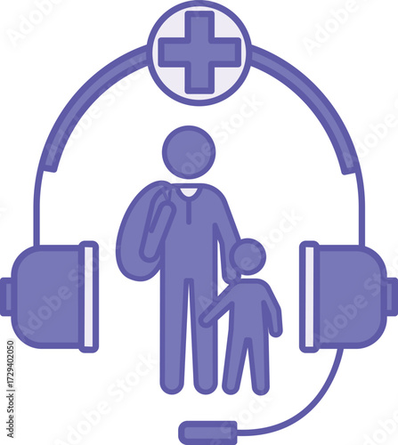 Colored Medical Assistance Icon. Vector Illustration. Refugees, Headphones with Microphone, and Plus Sign. Medical Protection for Immigrants in a Foreign Country. World Refugee Concept
