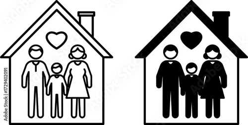 Family House Icons. Black and White Vector Illustrations. Residential House for Single Family Living. Father, Mother, and Child. Family Concept