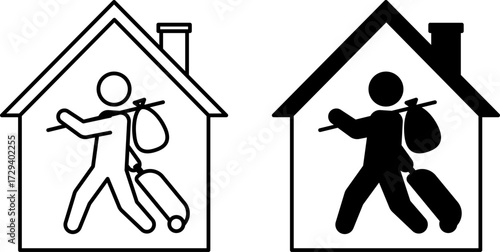 Refugee Shelter Icons. Black and White Vector Illustrations. Person with a Travel Suitcase and House. Temporary Housing for Refugees Arriving in a Foreign Country. World Refugee Concept