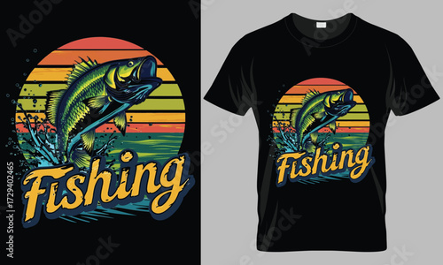 Retro Vintage Sunset Fishing T-Shirt Design with Jumping Bass Fish

