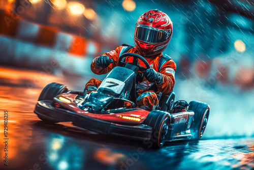 A skilled racer navigates a go-kart on a slick indoor track during rainy weather, showcasing speed and precision