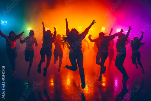 Dancers leap joyfully in unison under vibrant lights, creating an energetic and fun atmosphere in a rehearsal space