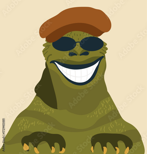 Iguana character avatar, wearing a cap, hat. Hand drawn vector illustration.