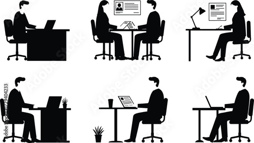 Office workers at desk, business people working, professional employees in workplace, corporate teamwork, job interview concept