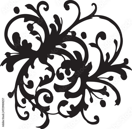Abstract vector floral design elements featuring ornate black vintage flower and leaf silhouette scroll borders