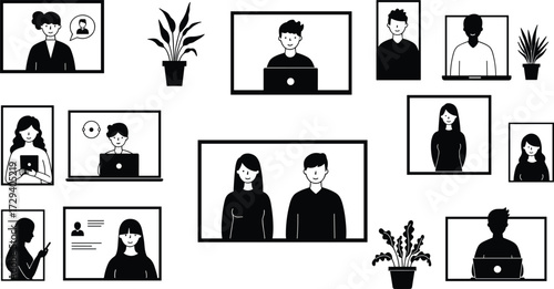 Remote work illustration, online meeting, virtual communication, business video call, teamwork collaboration, digital office conference