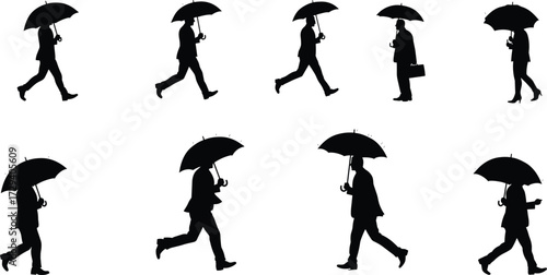 Silhouette of business people with umbrellas walking in rain, office commute, teamwork, protection, corporate lifestyle