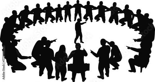 Scapegoat blame concept, group pointing fingers, accusation silhouette, mob judgment, conflict, social pressure, crowd criticism, unfair blame