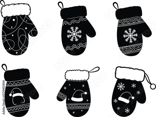 Winter mitten illustration, Christmas glove design, festive snowflake mitten, Santa hat glove, holiday decoration clipart, seasonal ornament vector artwork