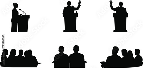 Silhouette people giving speeches at podium, business conference audience, public speaking, corporate presentation, leadership communication