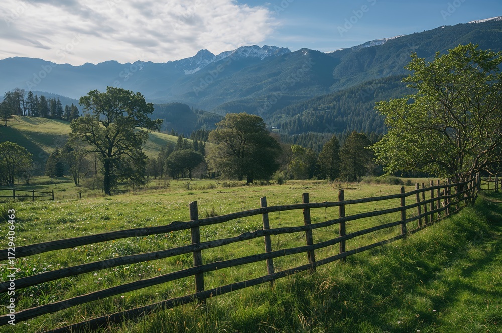 Fototapeta premium Idyllic rural scene featuring a weathered wooden barrier, vibrant grassy fields, and towering snowy peaks behind.
