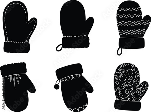 Winter mitten silhouette, Christmas glove vector, festive holiday mitten, decorative cuff glove, swirling vine clipart, seasonal ornament design, cozy artwork