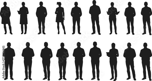 Silhouettes of business people, standing together, teamwork group, professional colleagues, office staff, corporate meeting, workplace diversity illustration