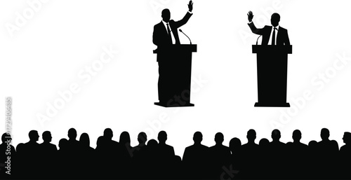 Silhouette of two speakers at podium, business debate, conference audience, public speaking, corporate leadership event
