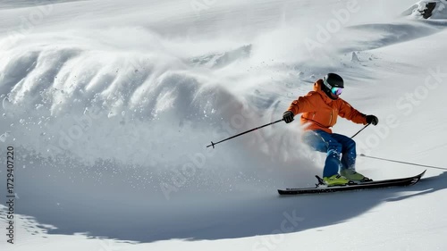Man backcountry skiing and powder turning down a snowy mountain slope with ski poles, adventure sport footage