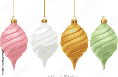 Christmas ornaments vector illustration, spiral teardrop design, festive holiday decor, gold caps, colorful hanging decorations, isolated white background, elegant style