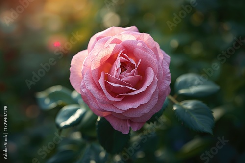 Detailed view of a vibrant pink rose amidst green foliage