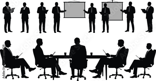 Business meeting silhouettes, corporate presentation, executive teamwork, office professionals, leadership discussion, workplace strategy, group collaboration, communication, management