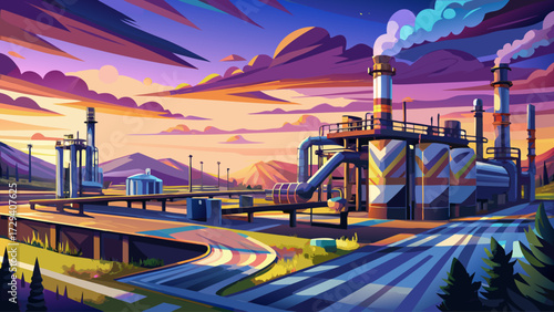 A natural gas facility digital painting with impressionist strokes glowing pipelines under a twilight sky, industrial landscape with atmospheric mood, warm light reflections, textured brushwork, 