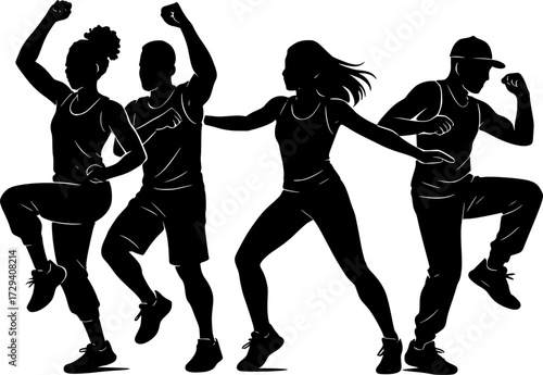 Black and white vector silhouette of fitness dance routine, minimalist design capturing motion, energy and rhythm for creative sports and workout projects
