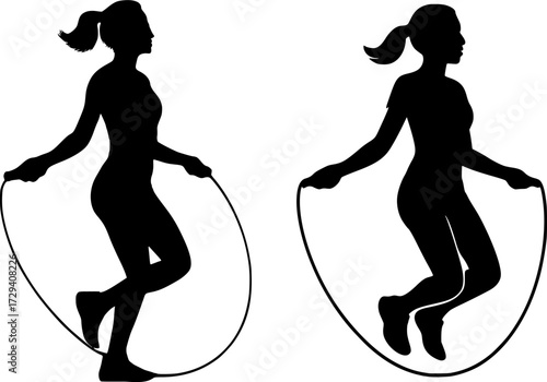 Black and white vector silhouettes of skipping rope motion, minimalist design capturing speed, rhythm and athletic energy for creative fitness and workout projects