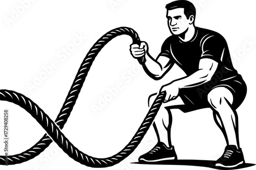 Black and white vector silhouette of man practicing battle ropes, dynamic fitness design capturing strength, motion and endurance for creative sports and workout projects
