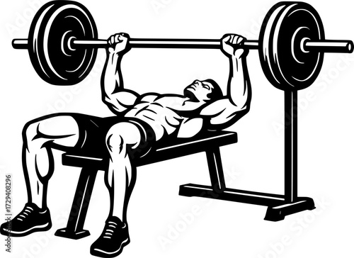 Black and white minimal vector of a man bench pressing, elegant silhouette illustration perfect for fitness, workout, strength training, bodybuilding, gym exercise, and minimal design projects