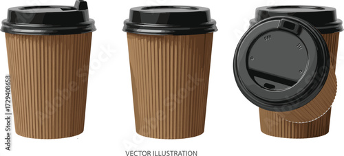 Disposable coffee cups vector illustration, takeaway drink packaging, brown sleeve, black lid, hot beverage design, isolated white background, caffeine concept