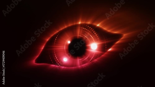 Glowing eye, robot eye, biometric recognition concept, technology, computer vision and security.