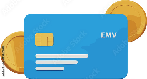 EMV chip credit card vector illustration, gold coins, secure payment method, financial transaction concept, banking design, isolated white background
