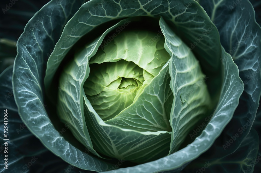 Obraz premium Detailed view of a fresh leafy green cabbage