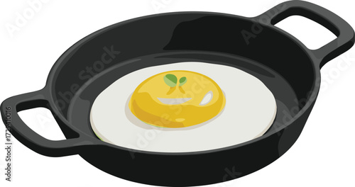 Frying pan with sunny side up egg vector illustration, breakfast food design, garnish detail, cooking concept, isolated white background