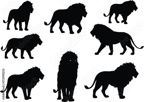 Set of black lion silhouettes in various poses including walking, sitting, roaring, and standing—ideal for wildlife, safari, and design themes.