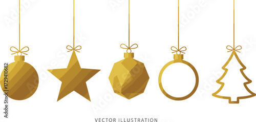 Golden Christmas ornaments vector illustration, festive holiday decorations, hanging baubles, modern seasonal design, elegant style, isolated white background, celebration concept