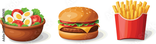 Healthy salad bowl, juicy cheeseburger, crispy French fries, fast food meal, nutrition contrast, diet choice, lunch variety, food comparison