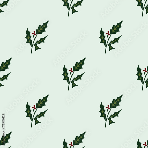 Christmas pattern with leaves and berries. New Year's spruce branches.