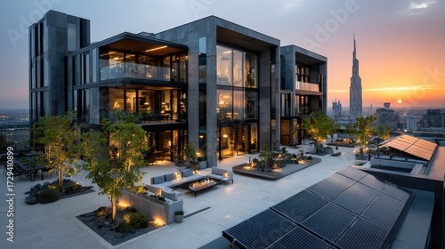 Modern rooftop apartment complex overlooking Dubai skyline at sunset