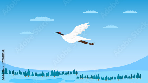 Crane Bird over Winter Landscape Vector Illustration